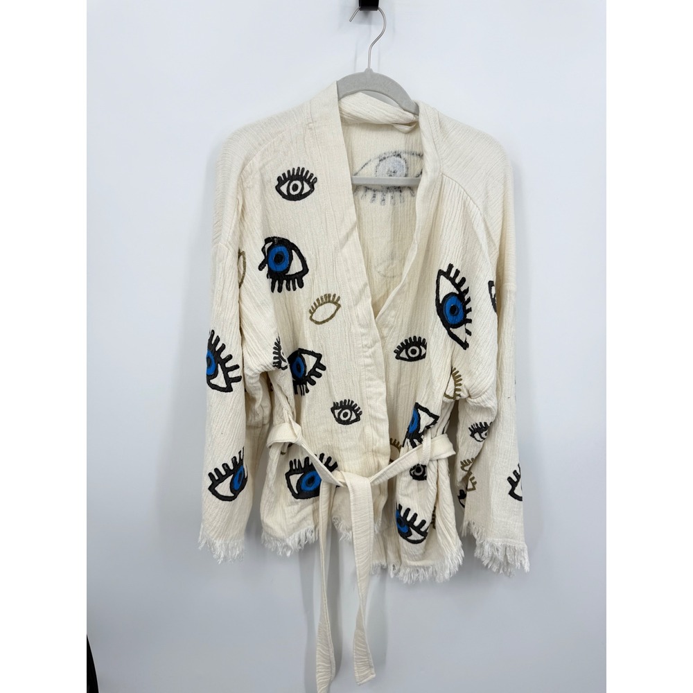 Unbranded Evil Eye Embroidered Wrap Jacket Womens OS Cream Fringe Boho Kimono